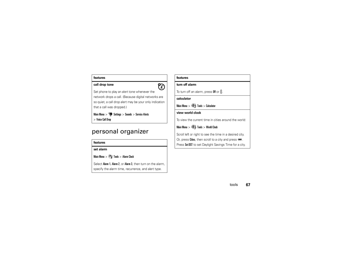 Motorola QA30 Personal organizer, Main Menu u Settings Sounds Service Alerts Voice Call Drop, Main Menu É Tools Calculator 