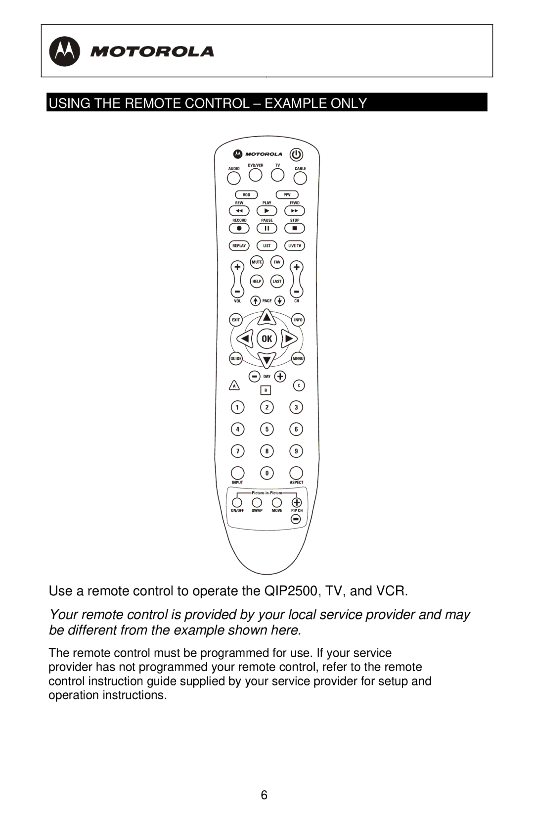 Motorola QIP2500 Series manual Using the Remote Control Example only 