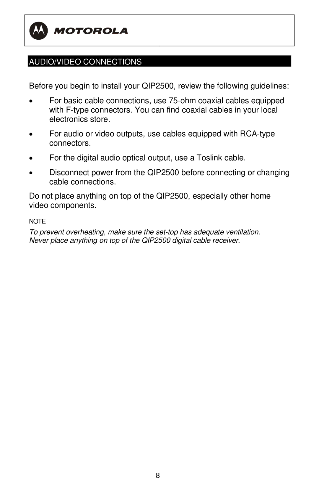 Motorola QIP2500 Series manual AUDIO/VIDEO Connections 