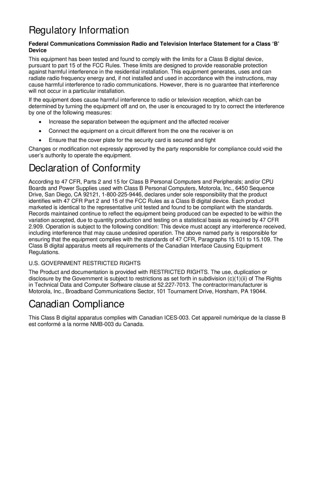 Motorola QIP2500 Series manual Regulatory Information, Declaration of Conformity, Canadian Compliance 