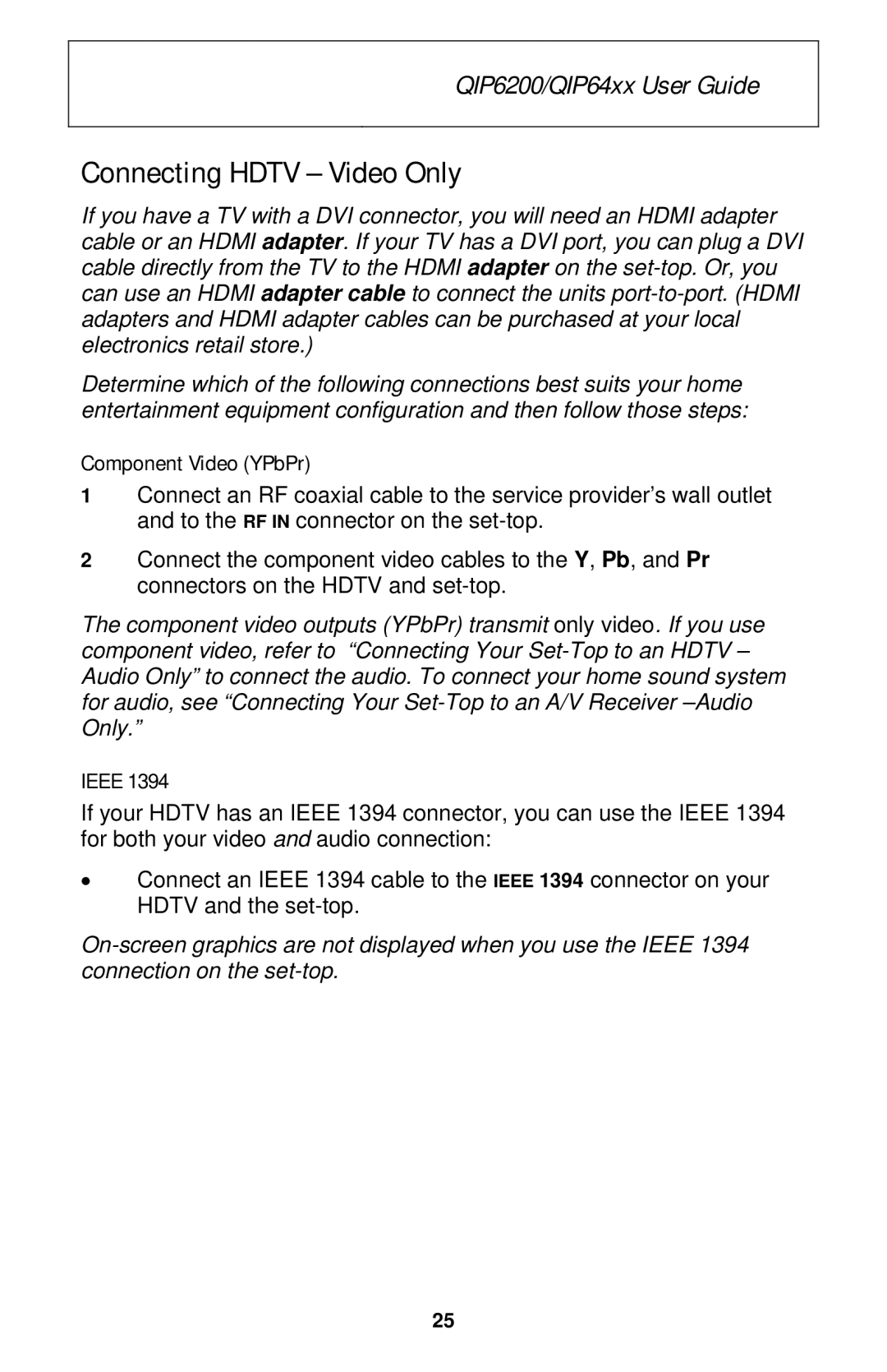 Motorola QIP6200/QIP64xx manual Connecting Hdtv Video Only, Component Video YPbPr, Ieee 