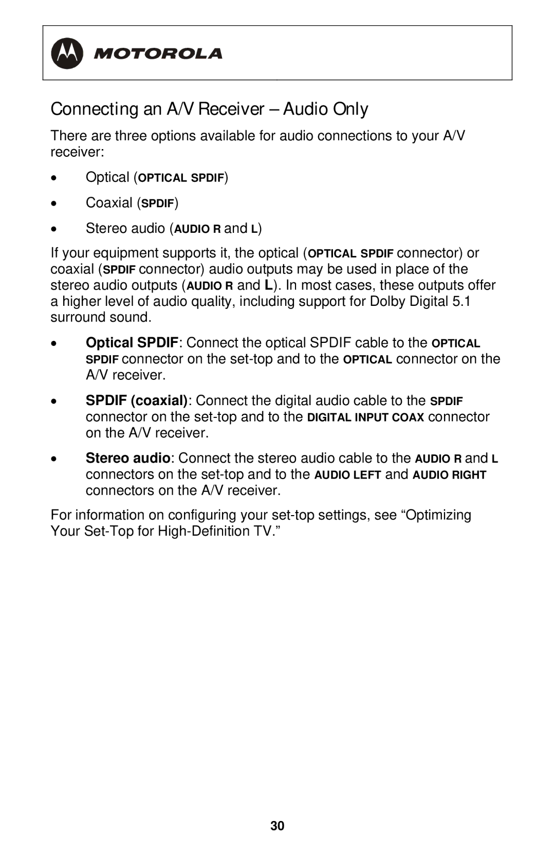 Motorola QIP6200/QIP64xx manual Connecting an A/V Receiver Audio Only 