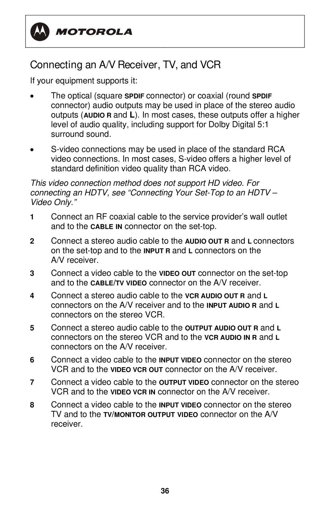 Motorola QIP6200/QIP64xx manual Connecting an A/V Receiver, TV, and VCR 