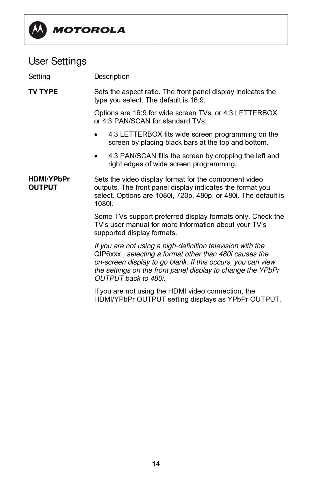 Motorola QIP64xx Series, QIP6200 Series manual User Settings, Setting Description, HDMI/YPbPr 