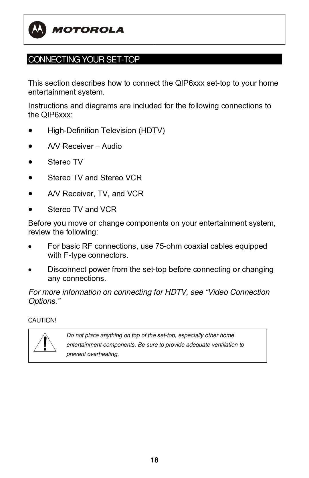 Motorola QIP64xx Series, QIP6200 Series manual Connecting Your SET-TOP 