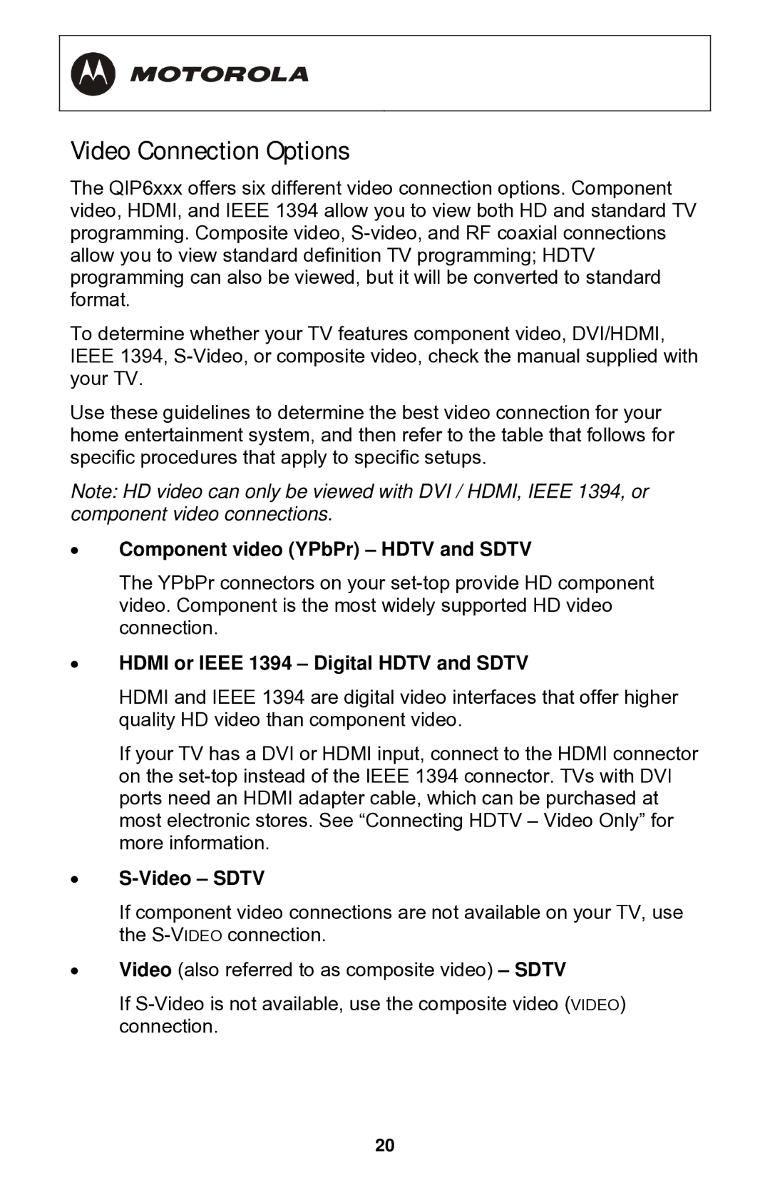 Motorola QIP64xx Series, QIP6200 Series manual Video Connection Options, Component video YPbPr Hdtv and Sdtv, Video Sdtv 