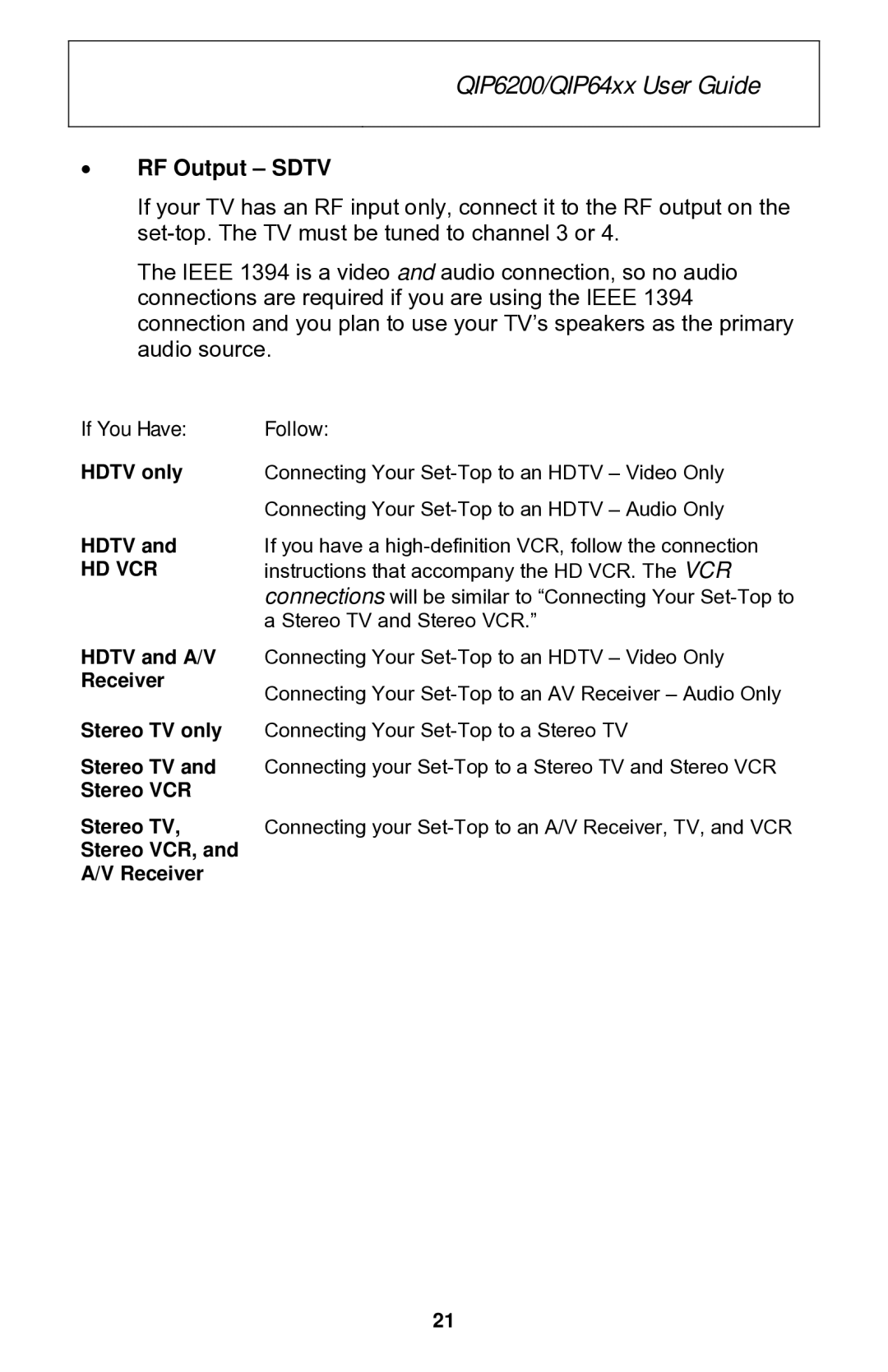 Motorola QIP6200 Series, QIP64xx Series manual RF Output Sdtv, If You Have, Follow, Hdtv only 