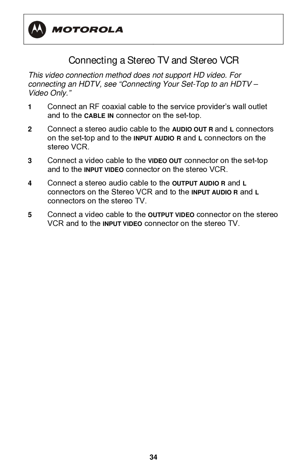 Motorola QIP64xx Series, QIP6200 Series manual Connecting a Stereo TV and Stereo VCR 