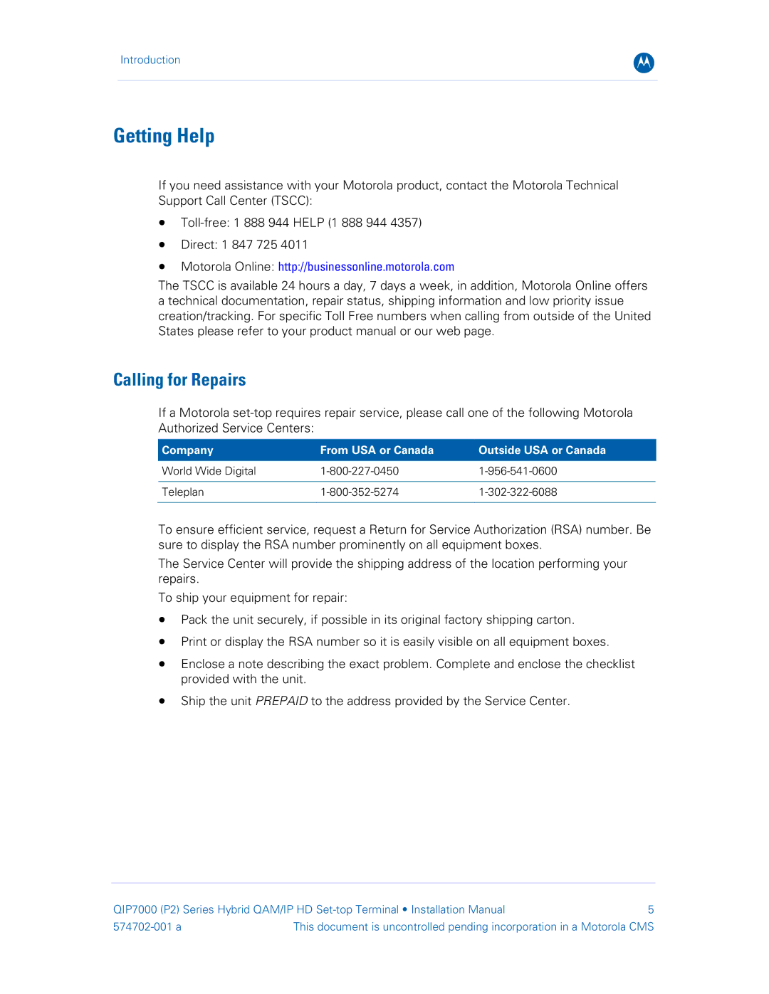 Motorola QIP7000 installation manual Getting Help, Calling for Repairs, Company From USA or Canada Outside USA or Canada 