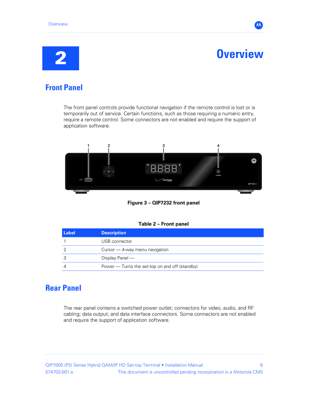 Motorola QIP7000 installation manual Front Panel, Rear Panel, Label Description 