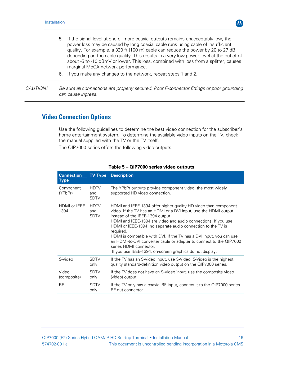 Motorola QIP7000 Video Connection Options, Marginal MoCA network performance, Connection TV Type Description 