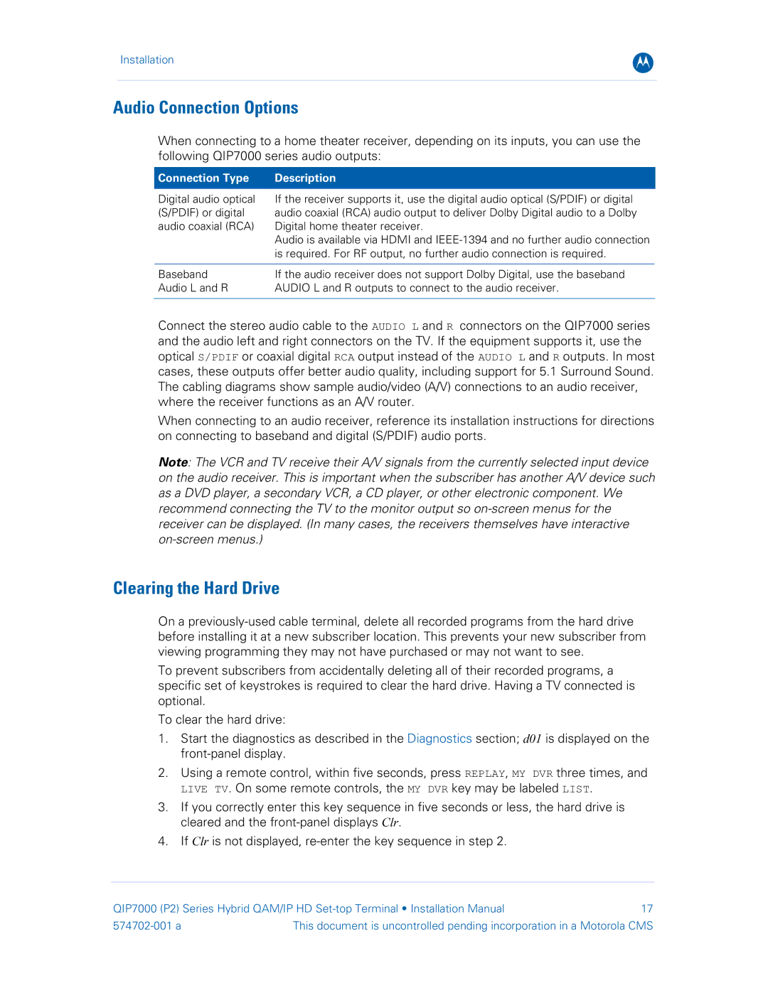 Motorola QIP7000 installation manual Audio Connection Options, Clearing the Hard Drive, Connection Type Description 