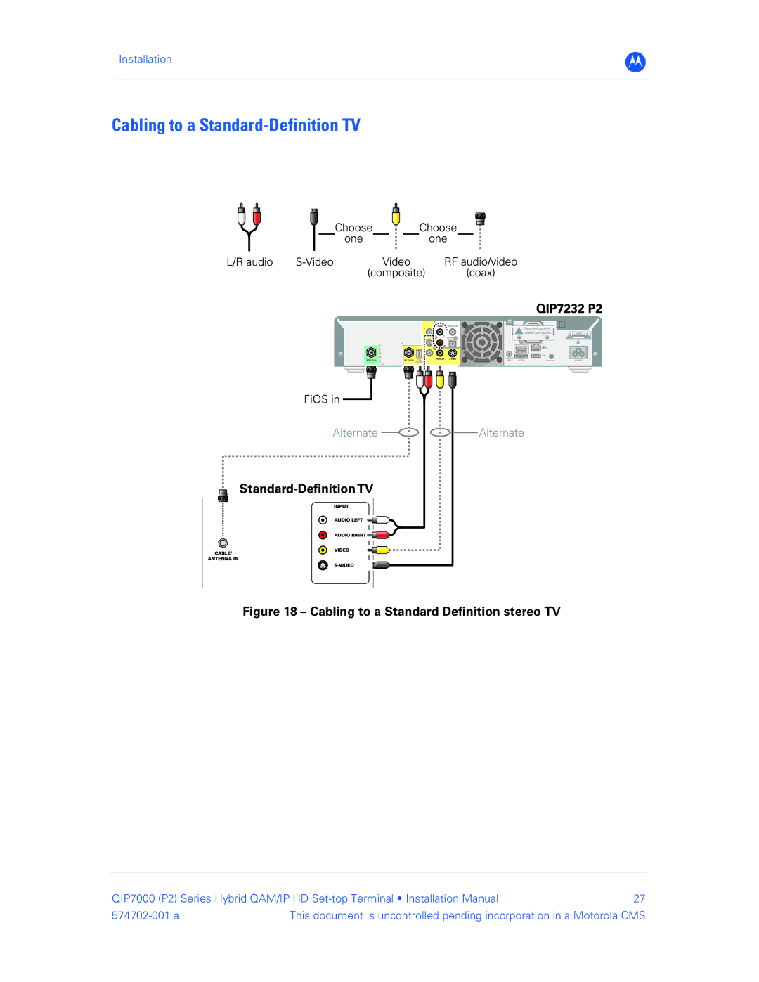 Motorola QIP7000 installation manual Cabling to a Standard-Definition TV, Cabling to a Standard Definition stereo TV 