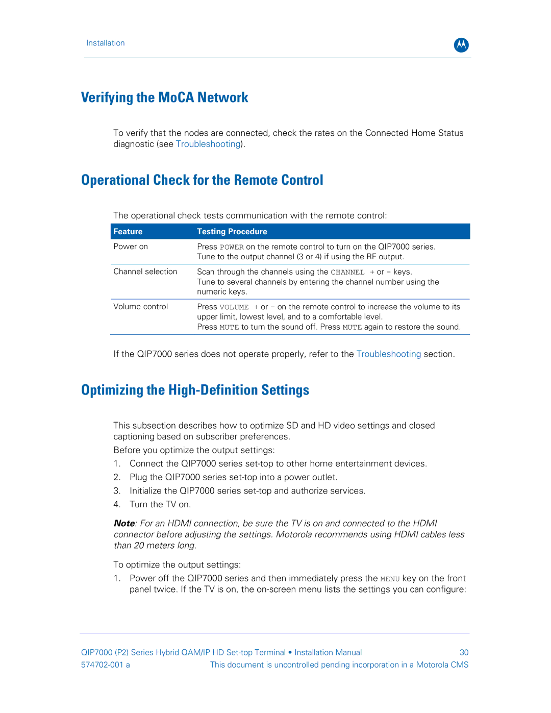 Motorola QIP7000 Verifying the MoCA Network, Operational Check for the Remote Control, Feature Testing Procedure 