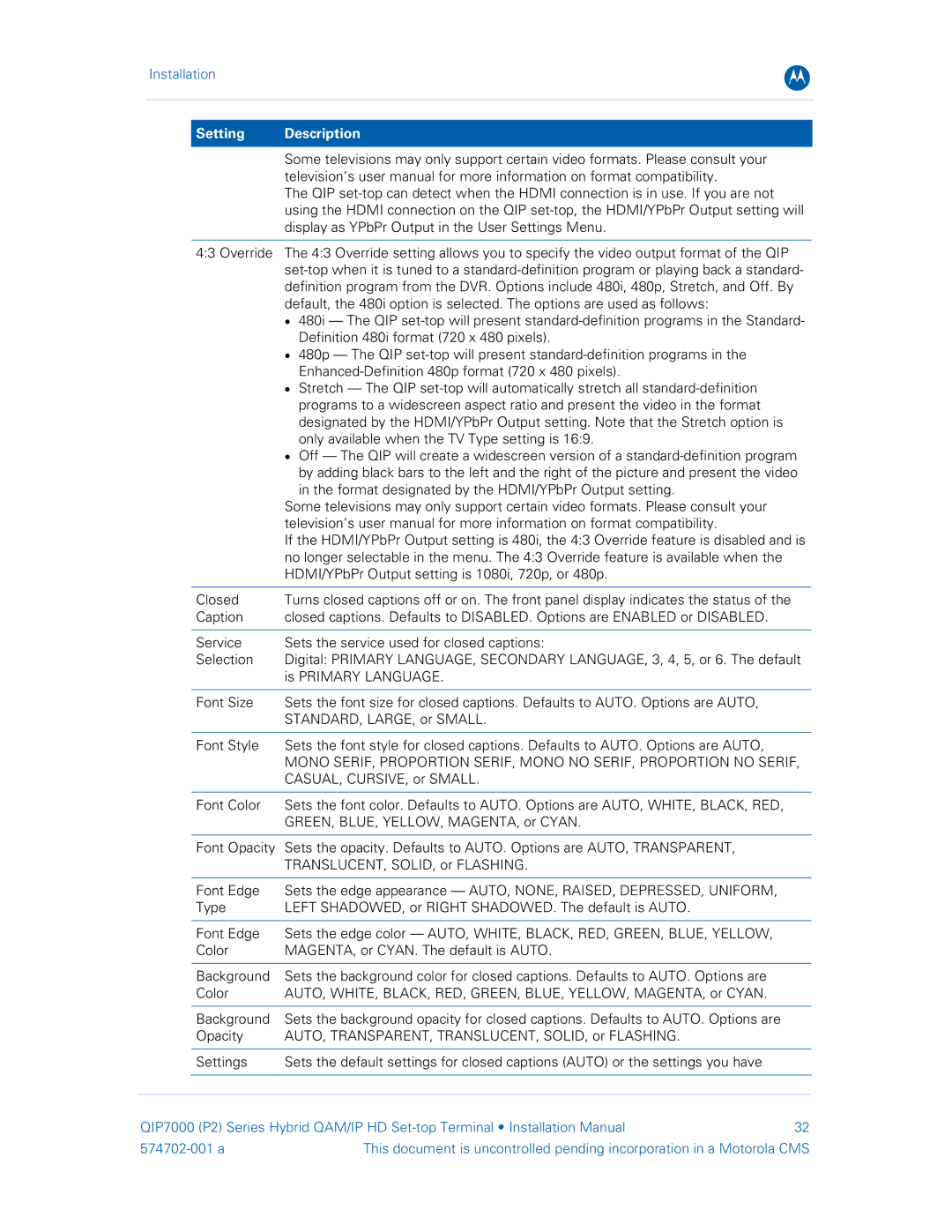 Motorola QIP7000 installation manual Setting Description 