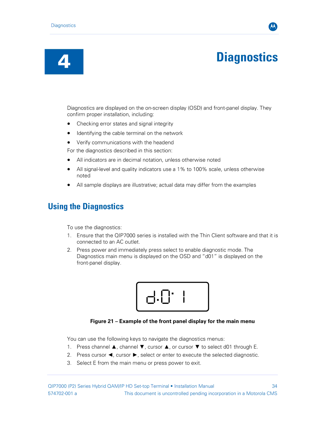 Motorola QIP7000 installation manual 4Diagnostics, Using the Diagnostics 