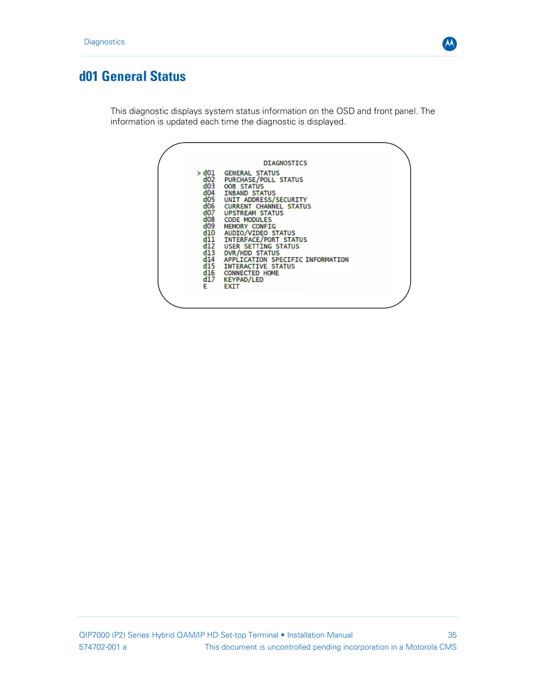 Motorola QIP7000 installation manual D01 General Status 