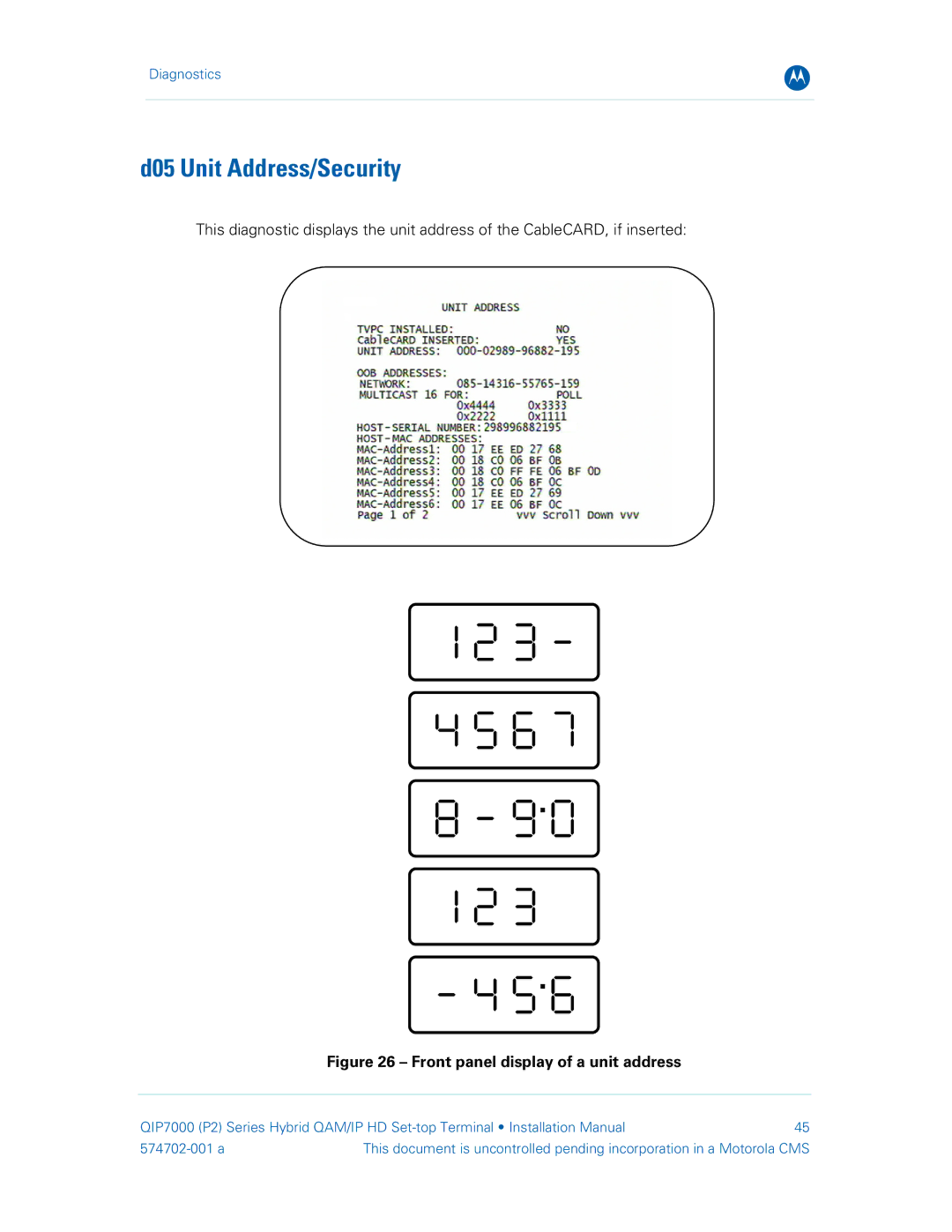 Motorola QIP7000 installation manual D05 Unit Address/Security, Front panel display of a unit address 