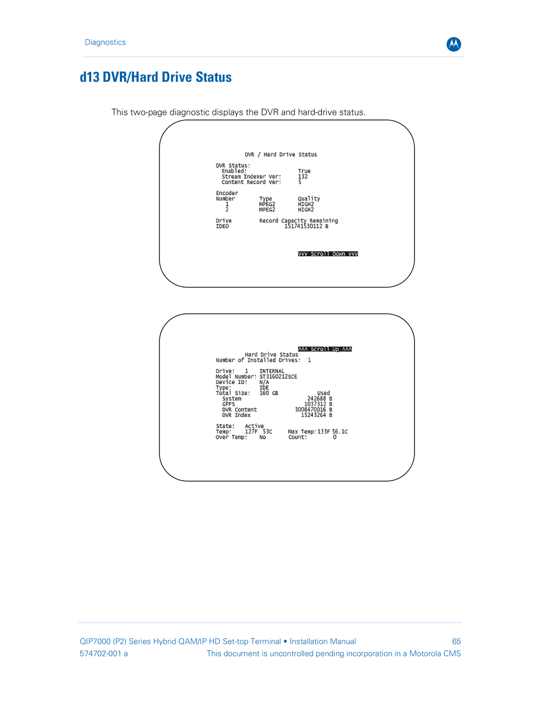 Motorola QIP7000 installation manual D13 DVR/Hard Drive Status 