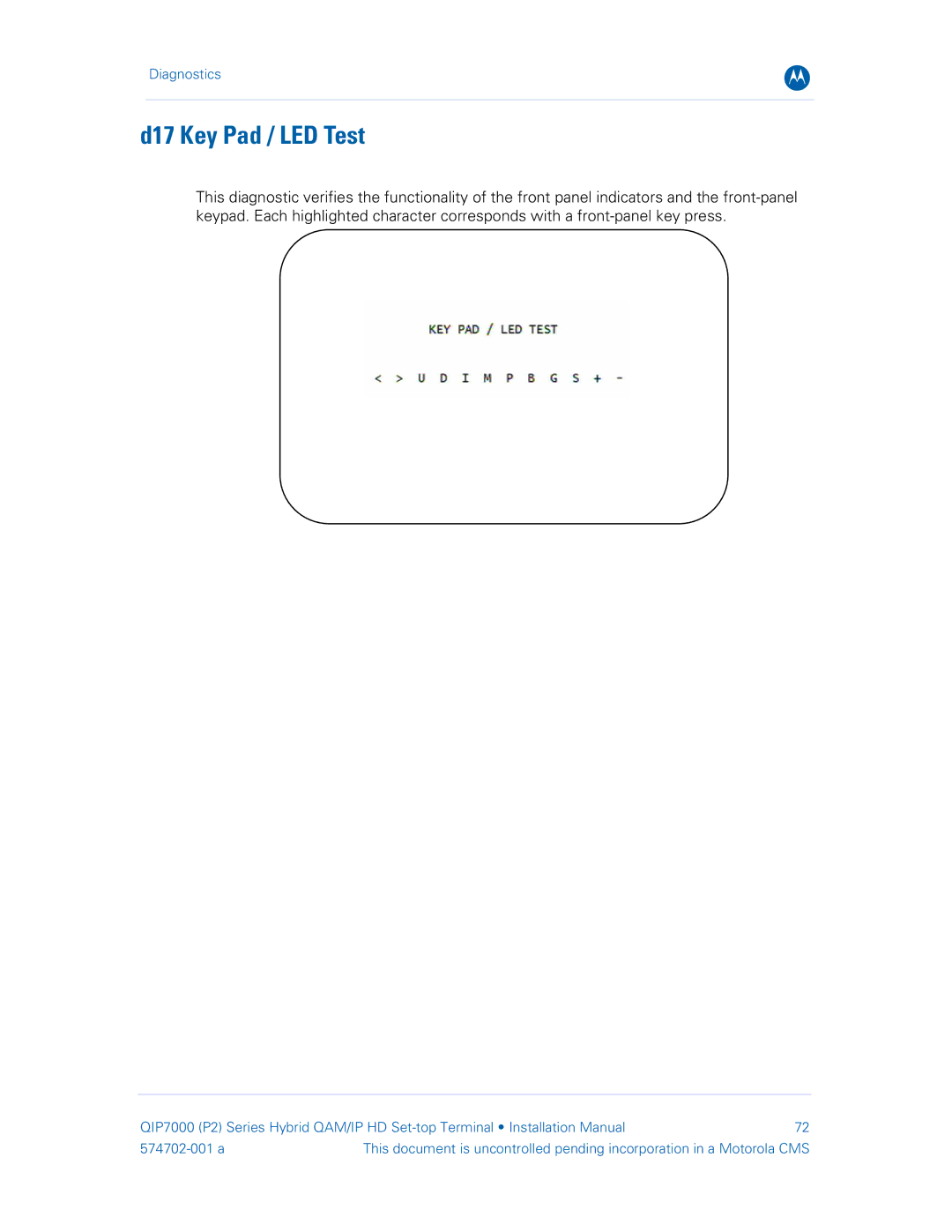 Motorola QIP7000 installation manual D17 Key Pad / LED Test 