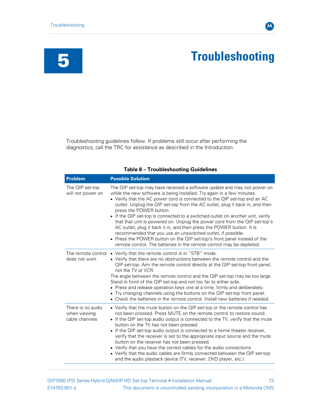 Motorola QIP7000 installation manual 5Troubleshooting, Problem Possible Solution 