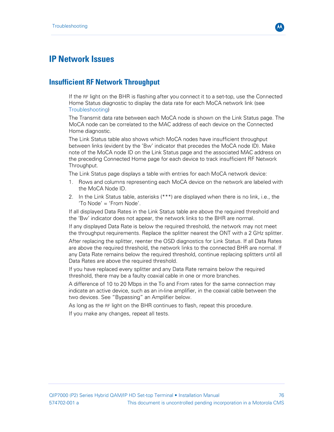 Motorola QIP7000 installation manual IP Network Issues, Insufficient RF Network Throughput 