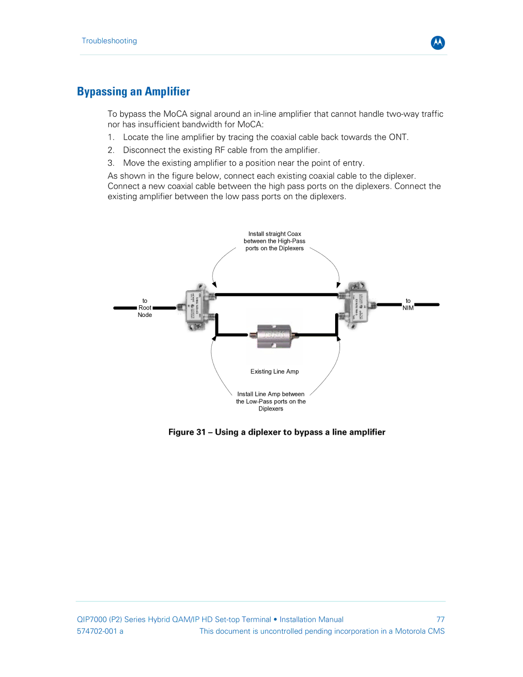 Motorola QIP7000 installation manual Bypassing an Amplifier, Using a diplexer to bypass a line amplifier 