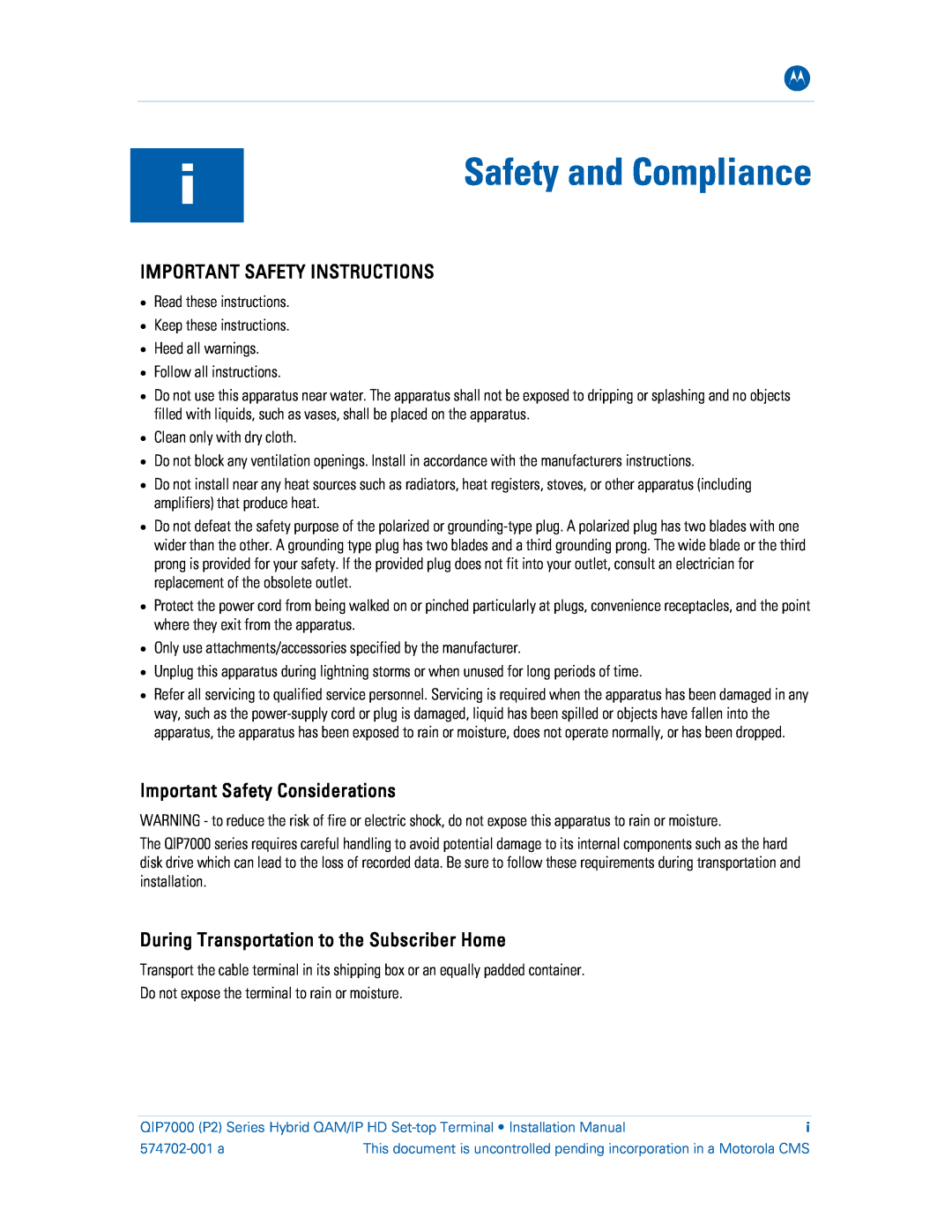 Motorola QIP7000 installation manual Safety and Compliance, Important Safety Instructions, Important Safety Considerations 