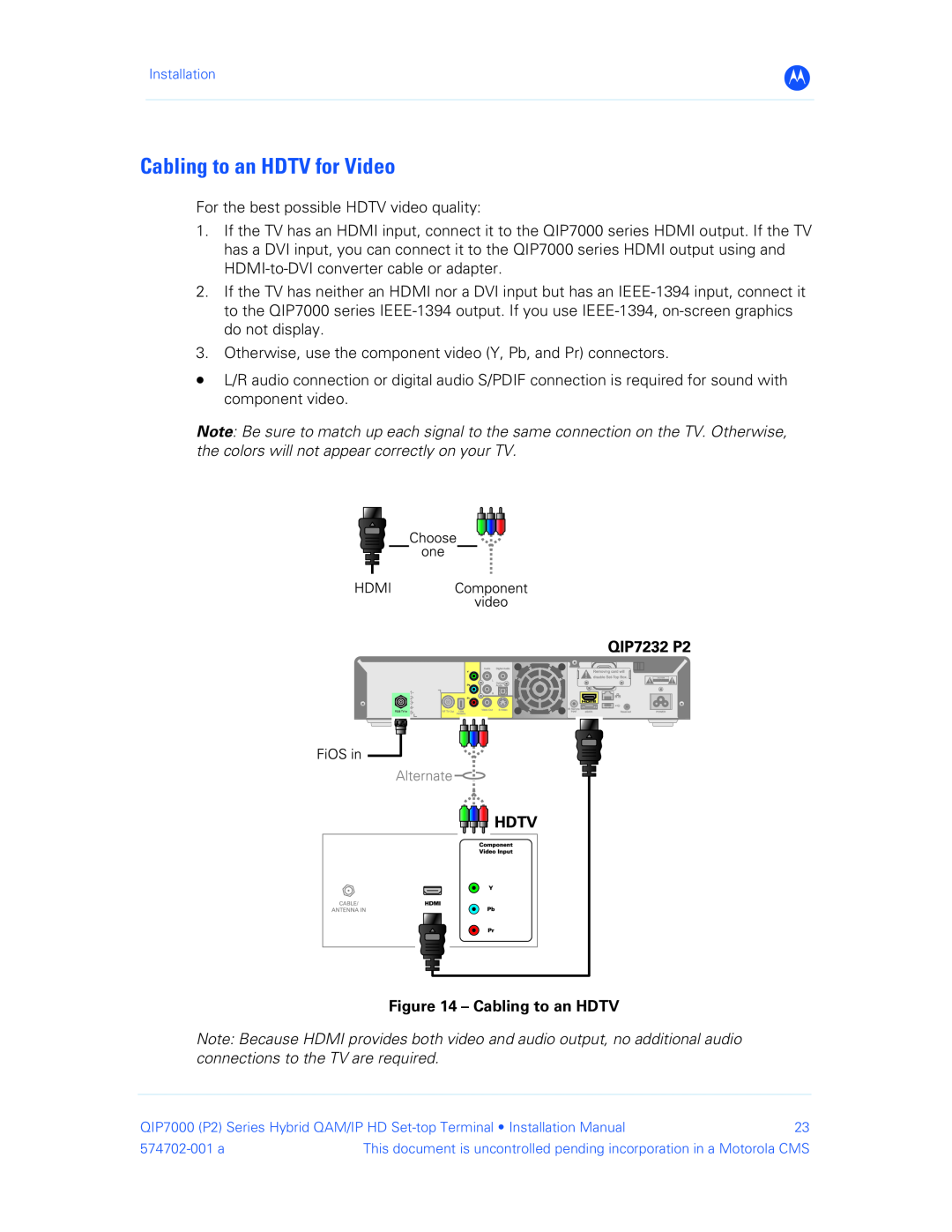 Motorola QIP7000 installation manual Cabling to an HDTV for Video 