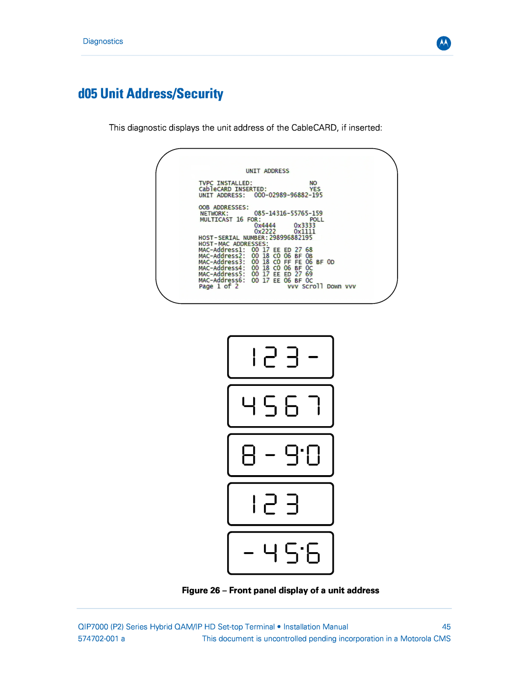 Motorola QIP7000 d05 Unit Address/Security, Front panel display of a unit address, Diagnostics, 574702-001 a 