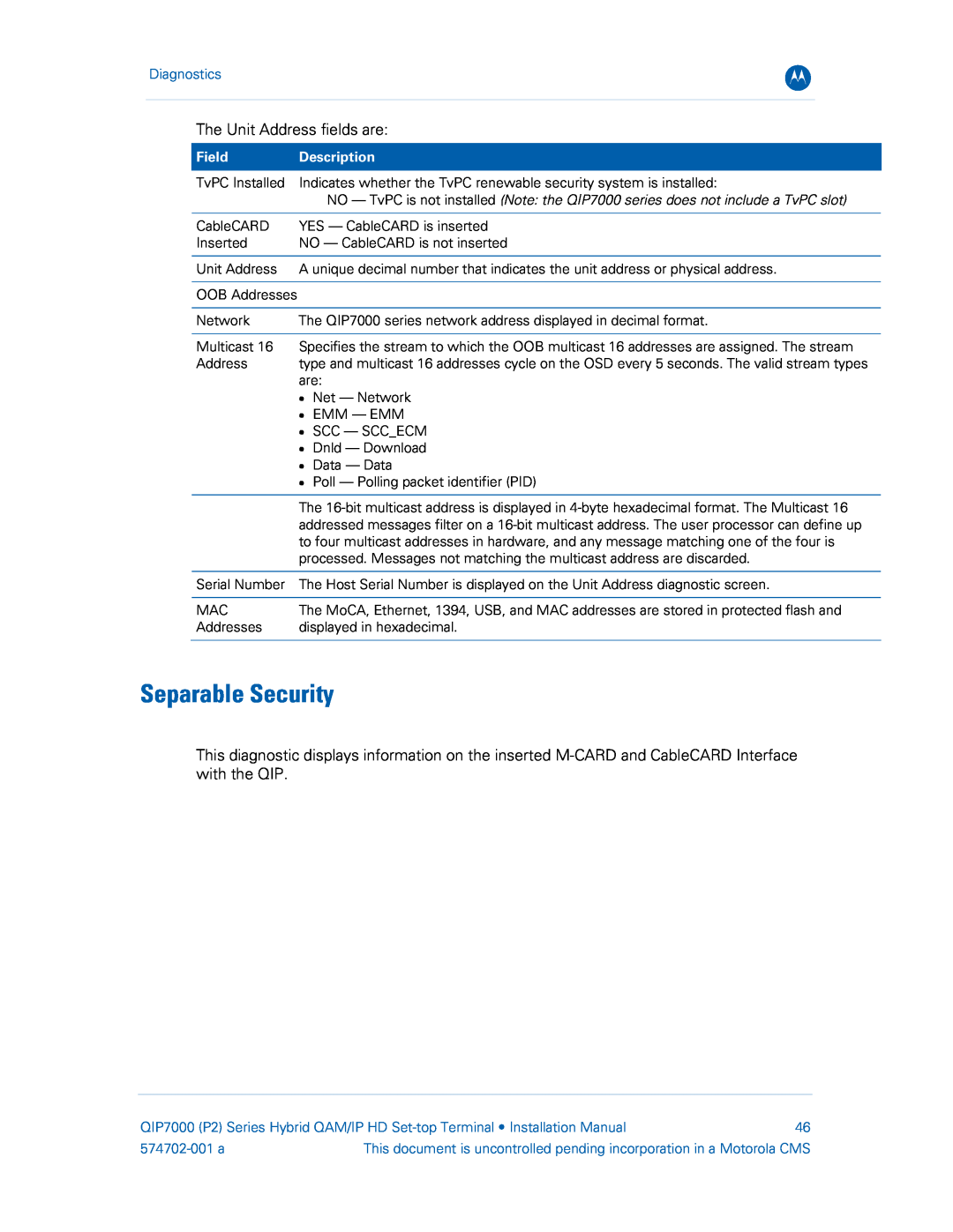 Motorola QIP7000 installation manual Separable Security, Diagnostics, Field, Description, 574702-001 a 