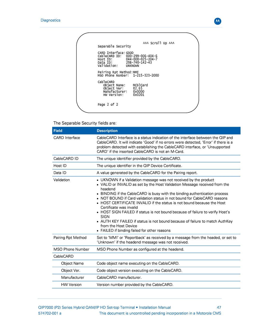 Motorola QIP7000 installation manual The Separable Security fields are, Diagnostics, Field, Description, 574702-001 a 