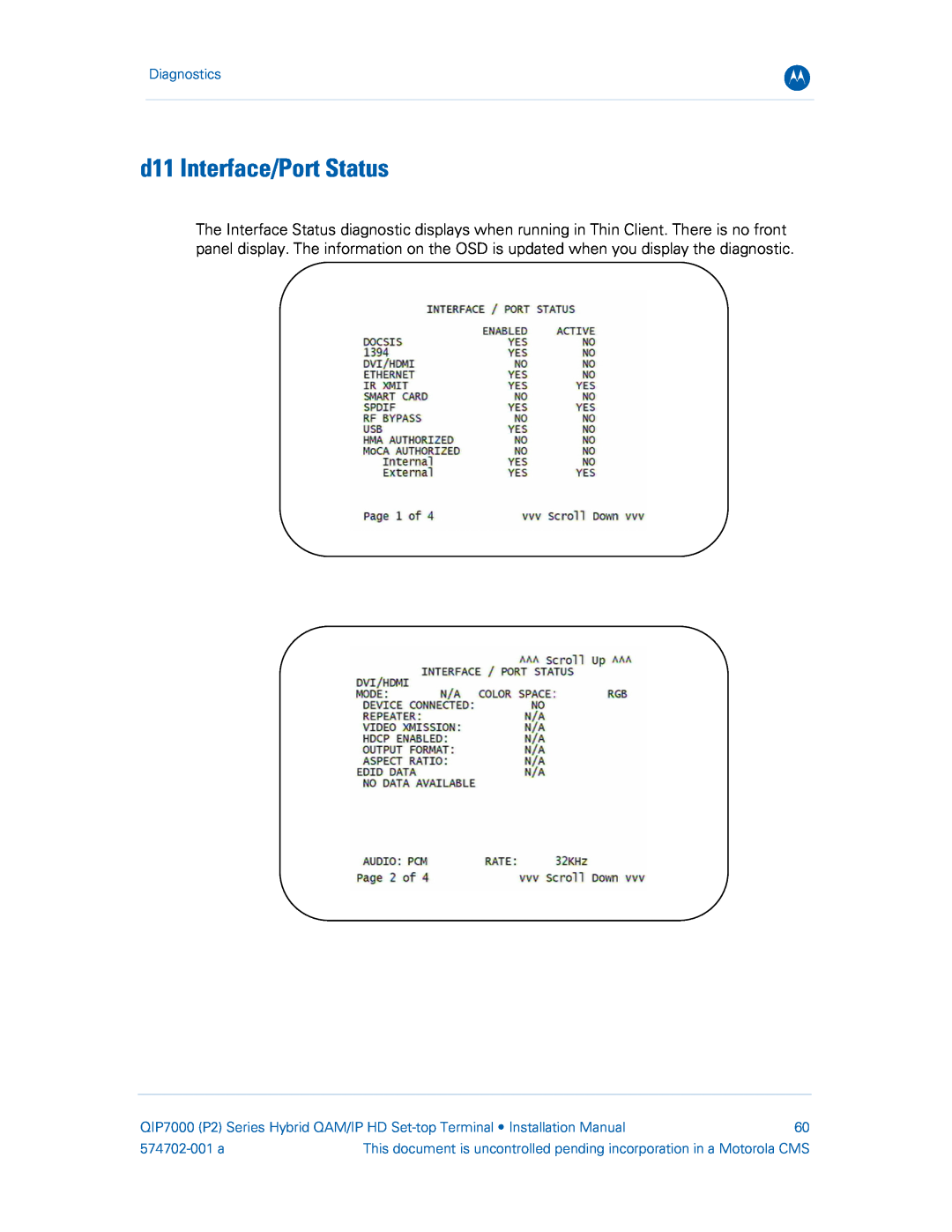 Motorola QIP7000 installation manual d11 Interface/Port Status, Diagnostics, 574702-001 a 