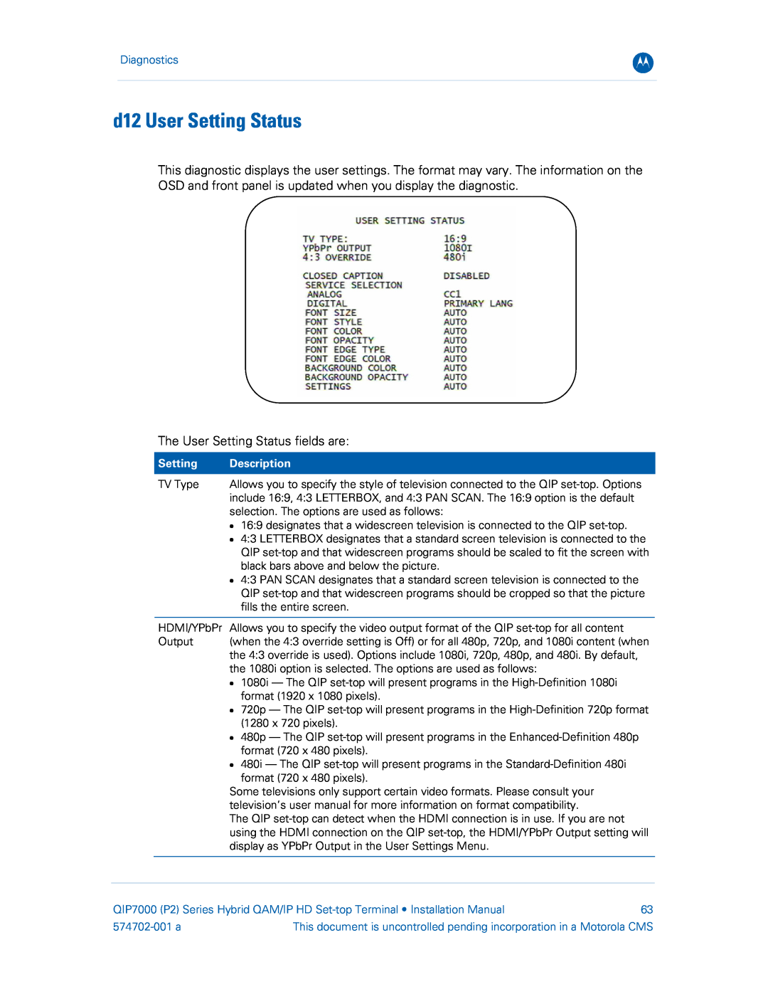 Motorola QIP7000 installation manual d12 User Setting Status, Diagnostics, Description, 574702-001 a 