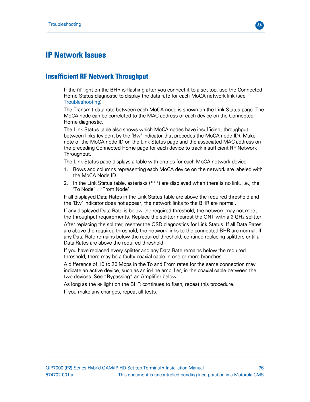 Motorola QIP7000 installation manual IP Network Issues, Insufficient RF Network Throughput 