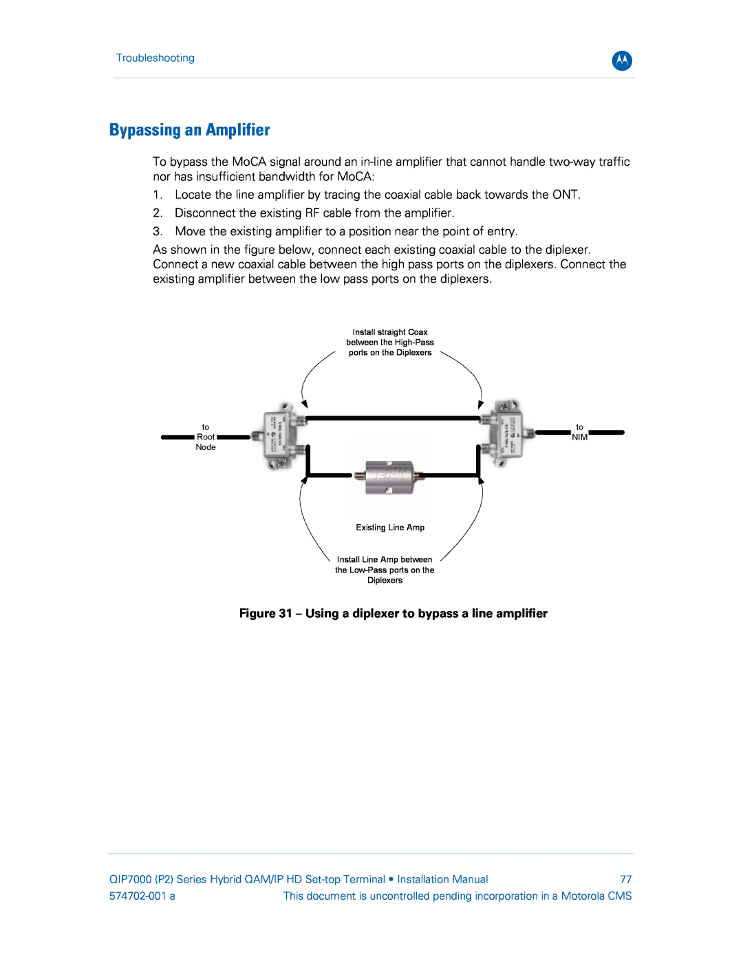 Motorola QIP7000 installation manual Bypassing an Amplifier, Using a diplexer to bypass a line amplifier 