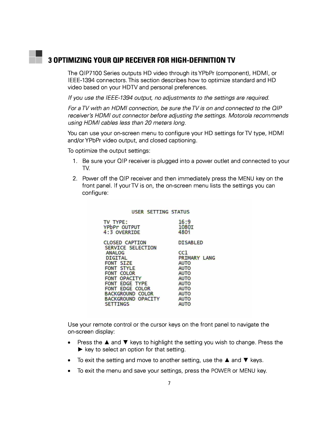 Motorola QIP7100 operation manual Optimizing Your Qip Receiver For High-Definition Tv 