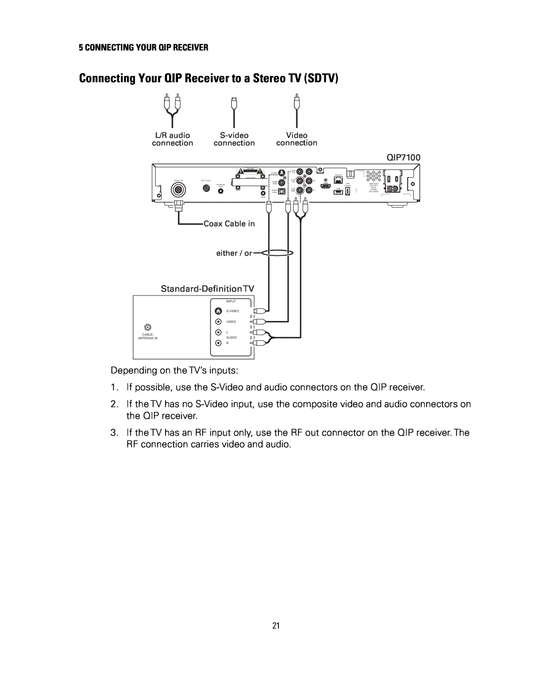 Motorola QIP7100 operation manual Connecting Your QIP Receiver to a Stereo TV SDTV 