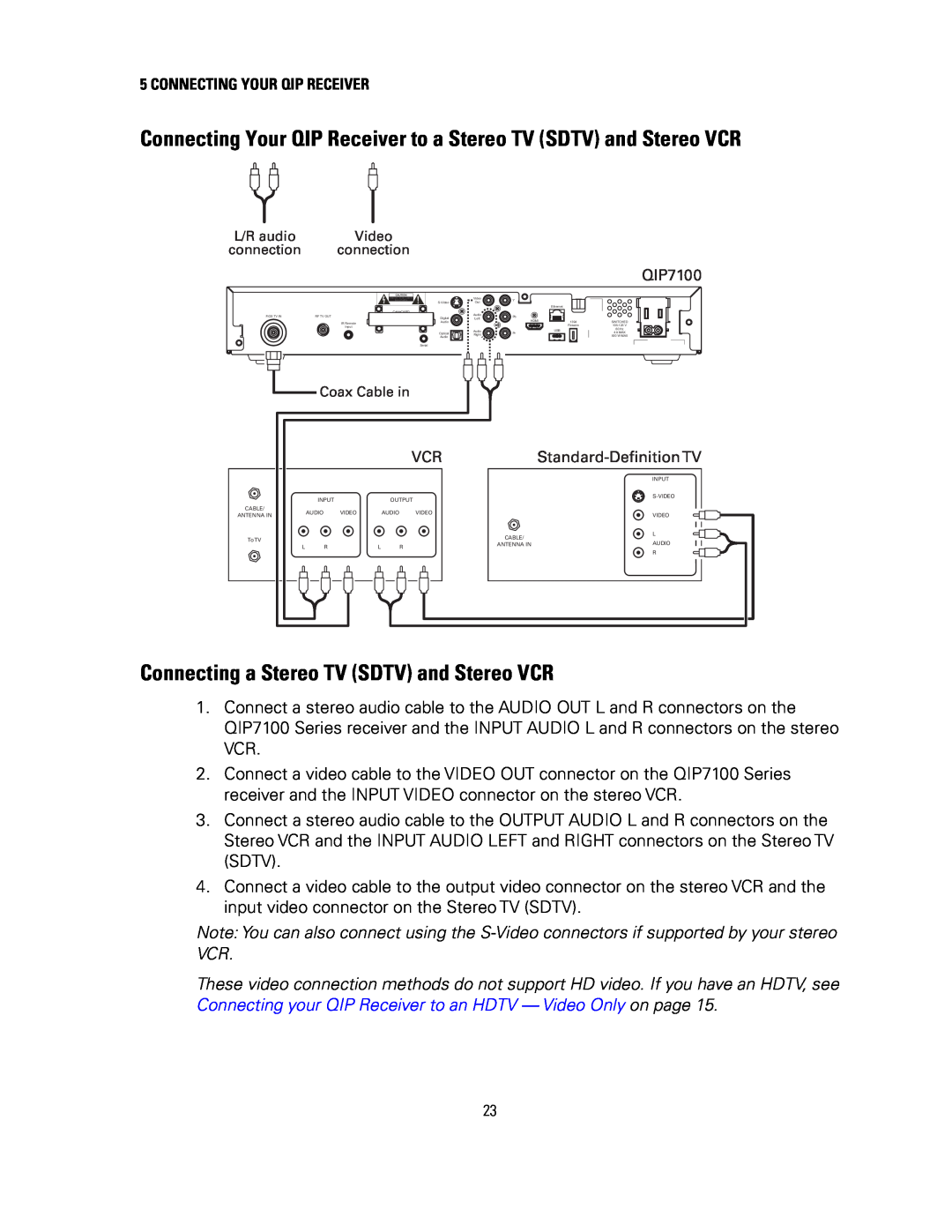 Motorola QIP7100 operation manual Connecting Your QIP Receiver to a Stereo TV SDTV and Stereo VCR 