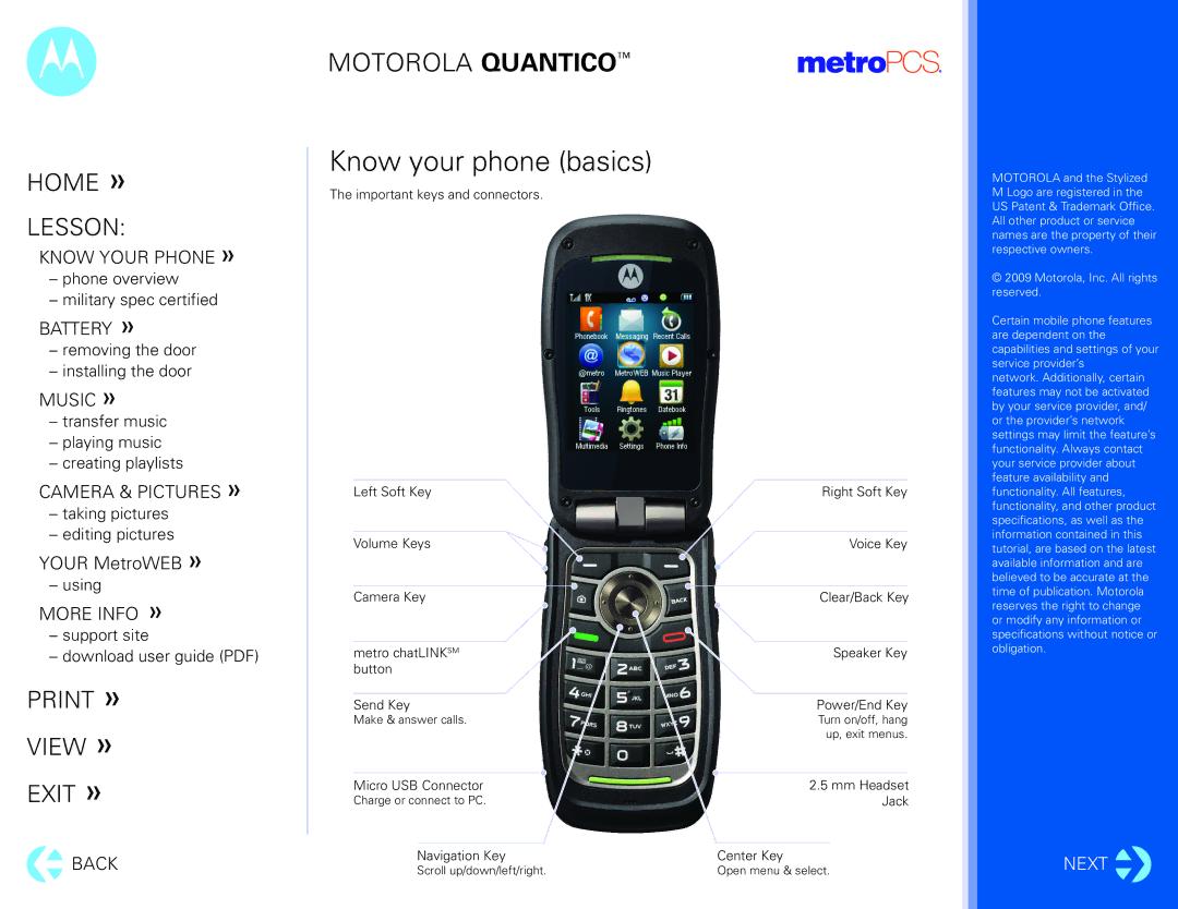 Motorola Quantico manual Know your phone basics, Navigation Key Center Key 