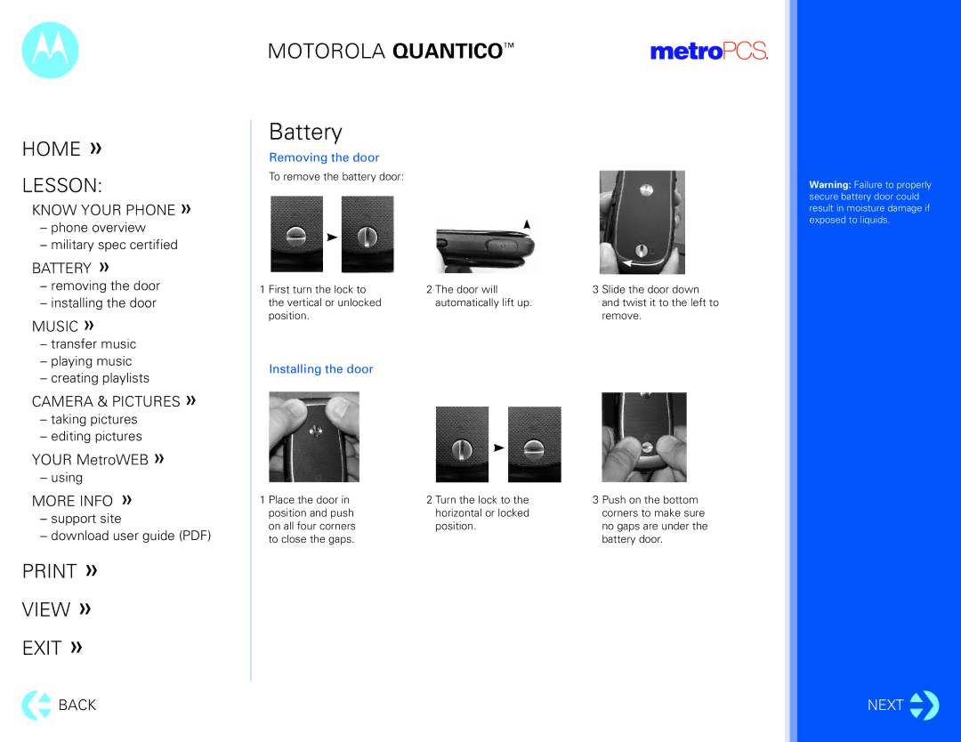 Motorola Quantico manual Battery, Removing the door, Installing the door 