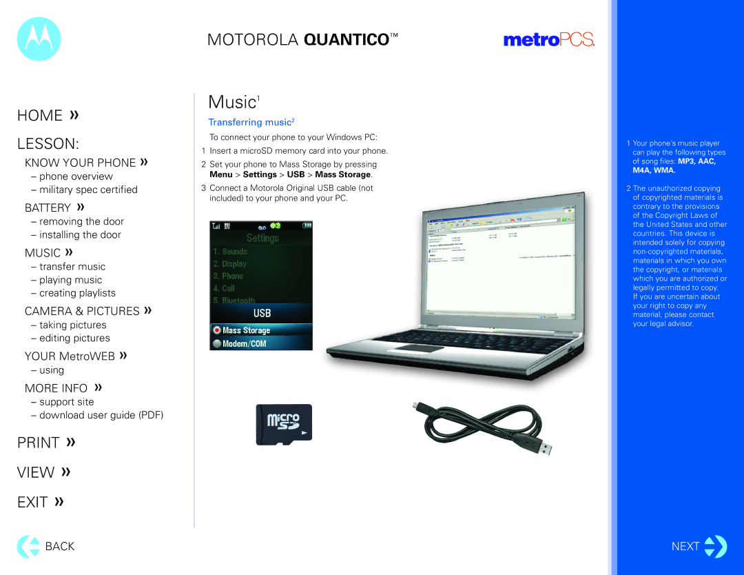 Motorola Quantico manual Music1, Transferring music2 