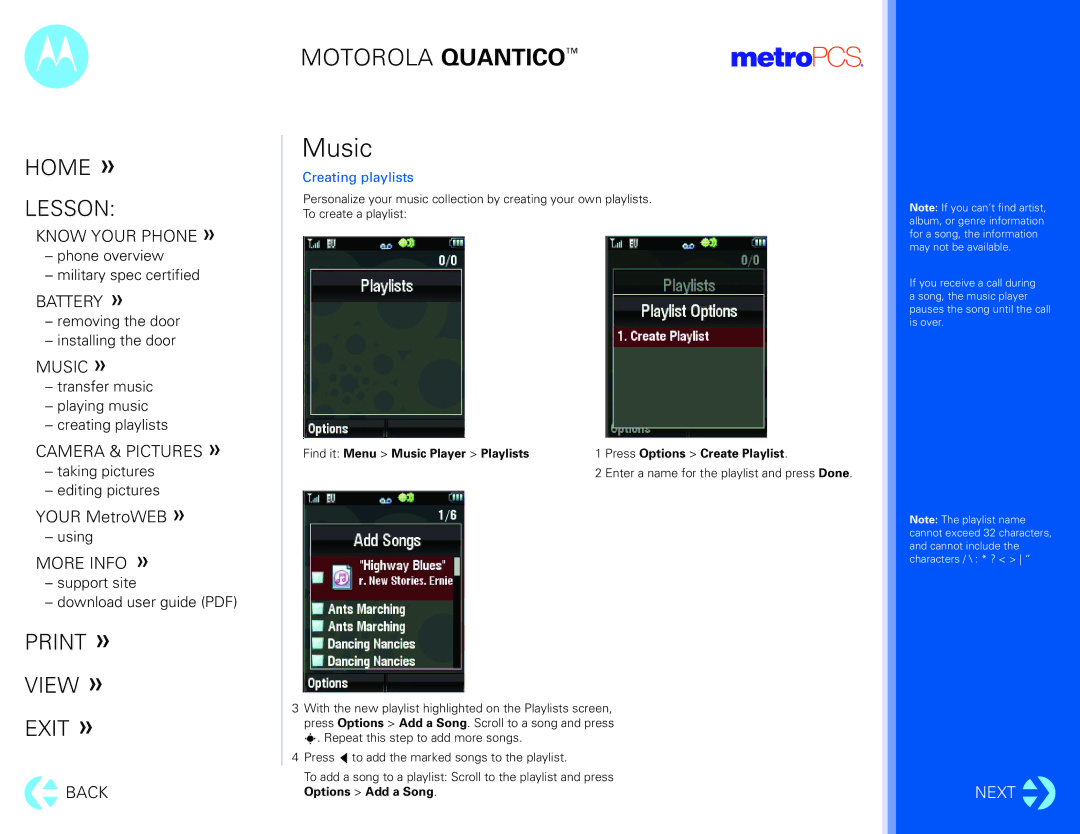 Motorola Quantico manual Creating playlists 