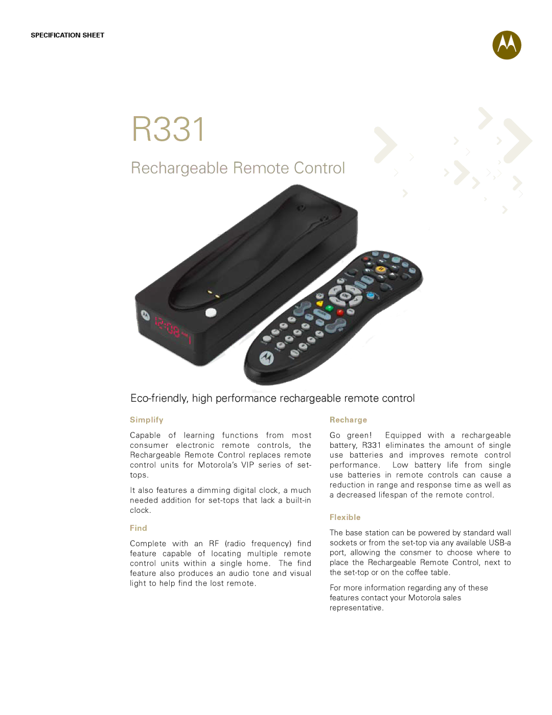 Motorola R331 specifications Simplify, Find, Recharge, Flexible 