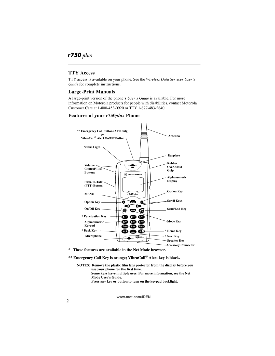 Motorola manual TTY Access, Large-Print Manuals, Features of your r750plus Phone 