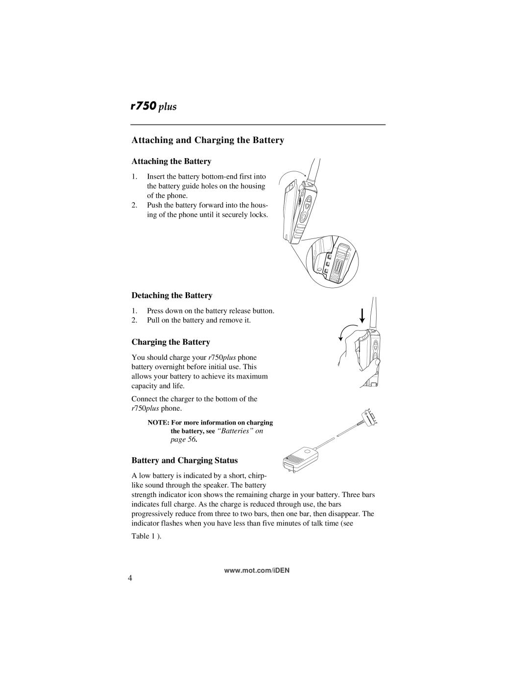 Motorola r750plus manual Attaching and Charging the Battery, Attaching the Battery, Detaching the Battery 