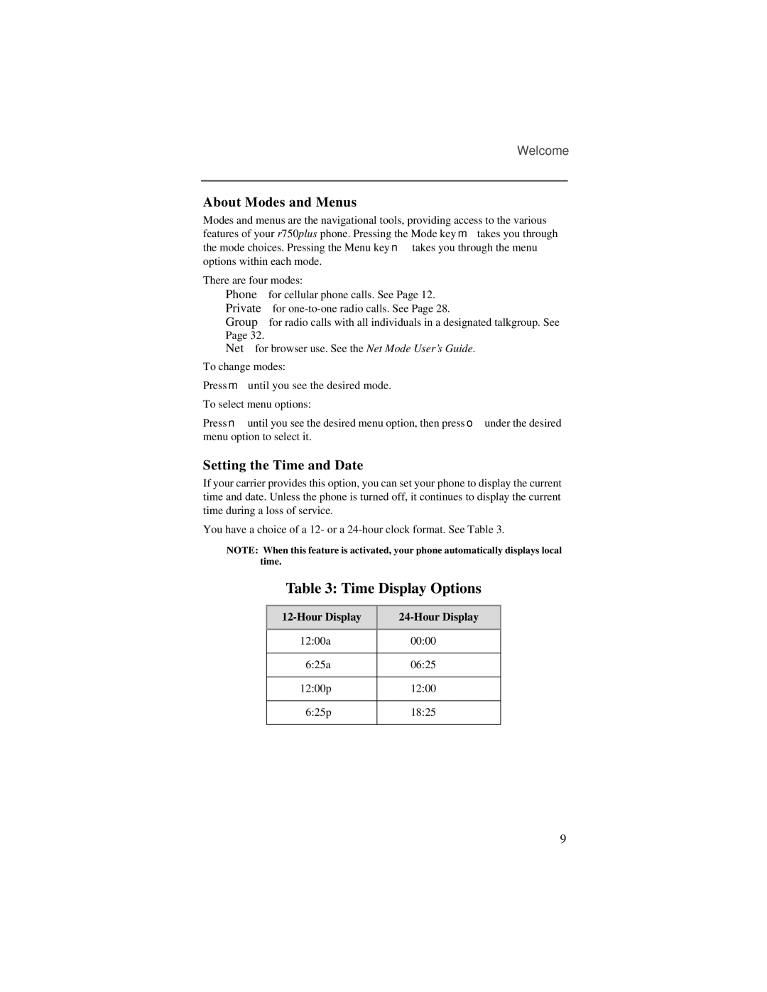 Motorola r750plus manual About Modes and Menus, Setting the Time and Date 