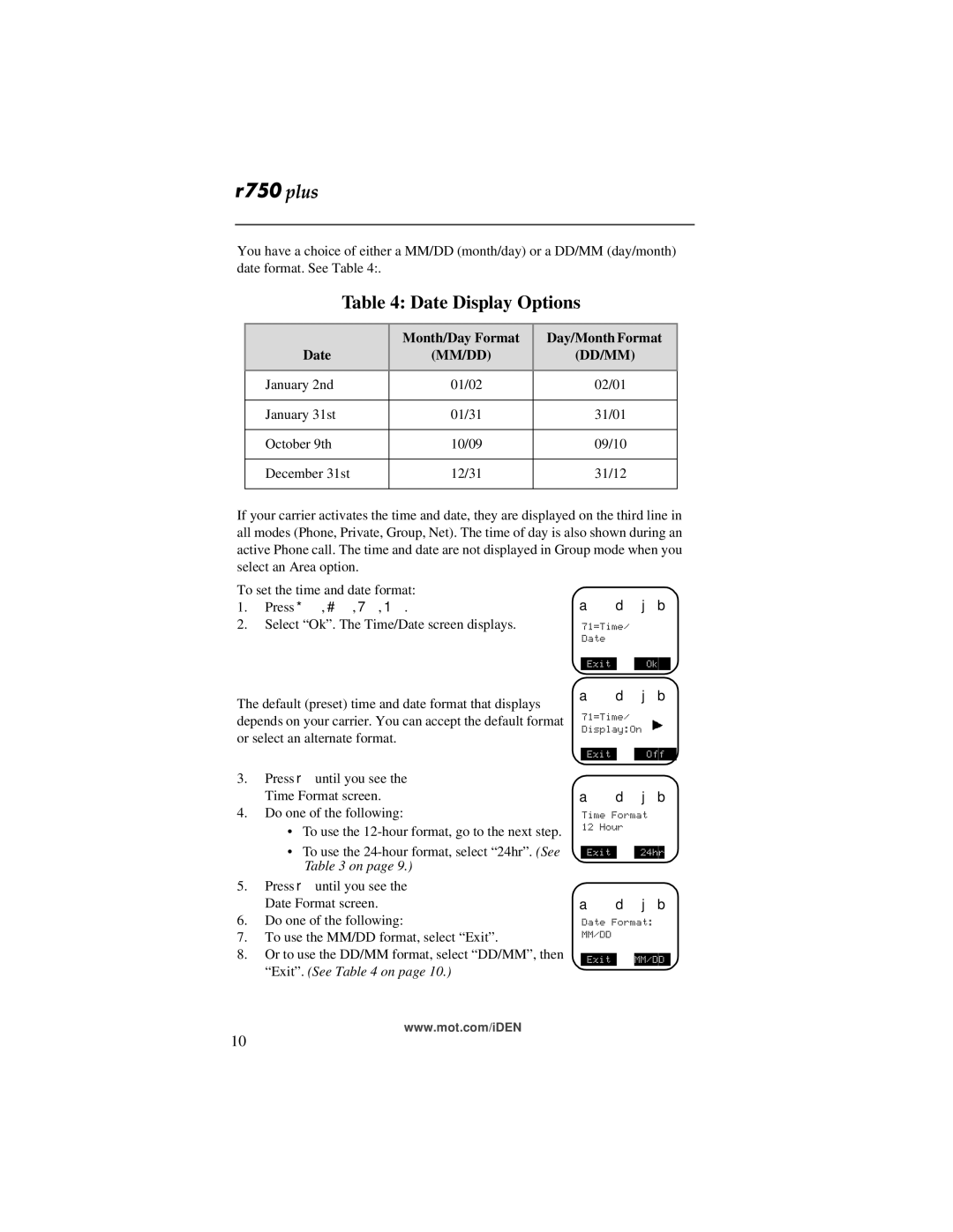 Motorola r750plus manual Date Display Options 