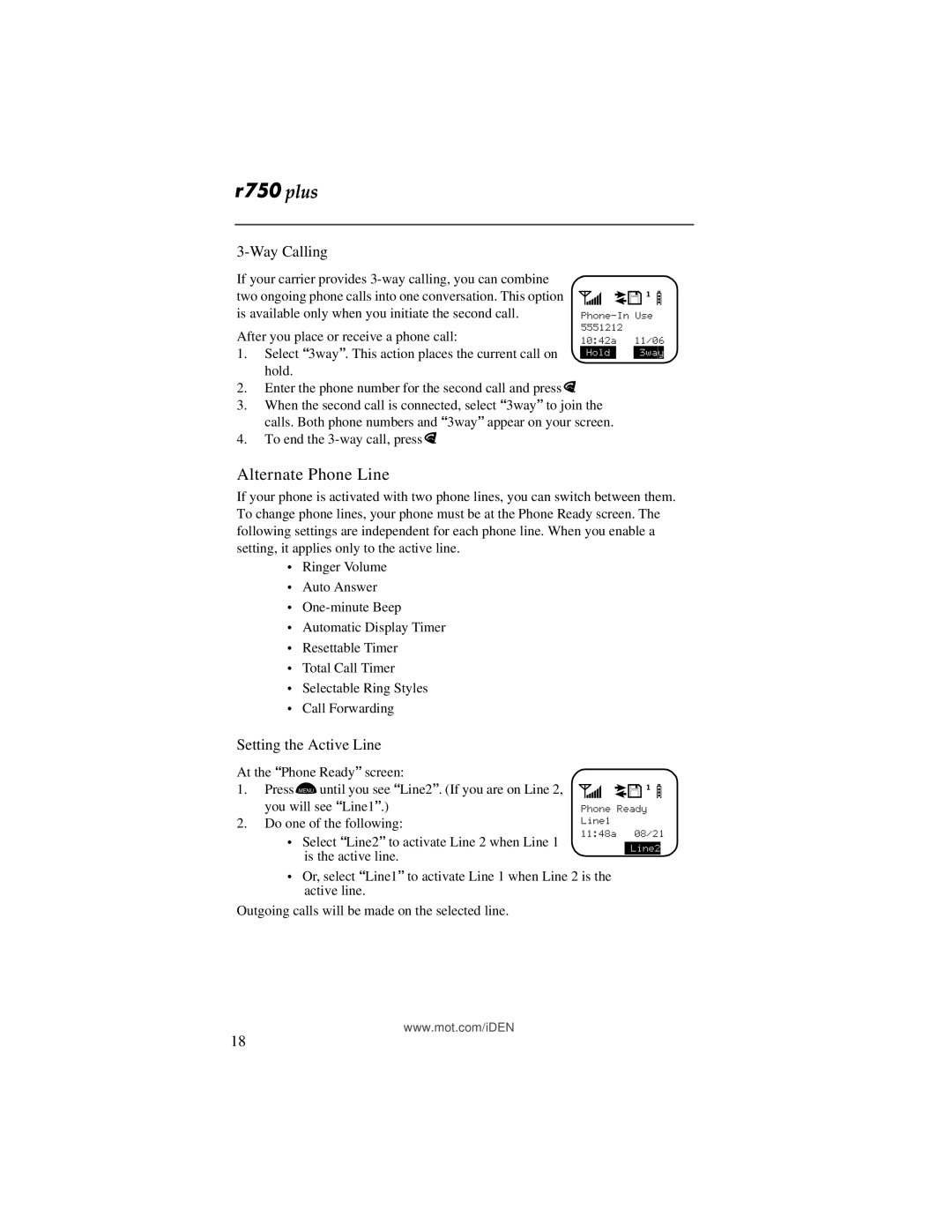 Motorola r750plus manual Alternate Phone Line, Way Calling, Setting the Active Line 