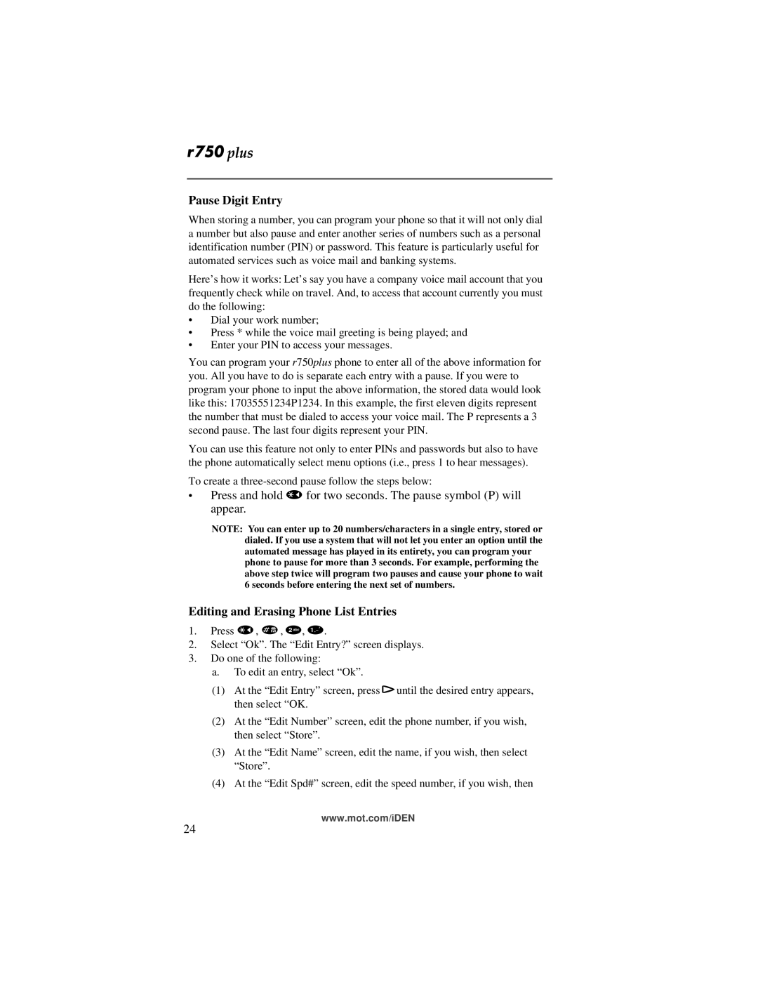 Motorola r750plus manual Pause Digit Entry, Editing and Erasing Phone List Entries 